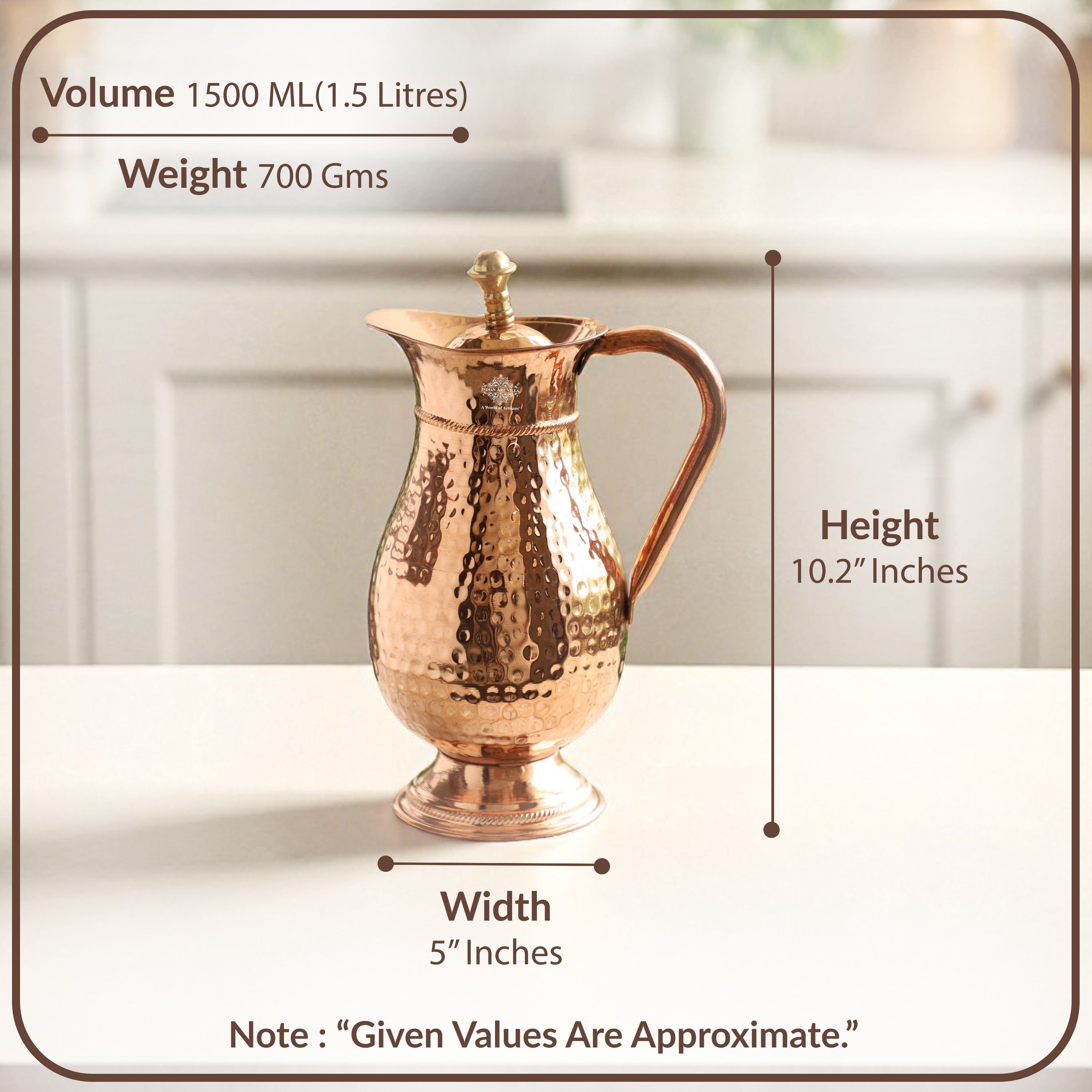 Pure copper antique hammered design mughlai jug with lid hammered, 1500 ML